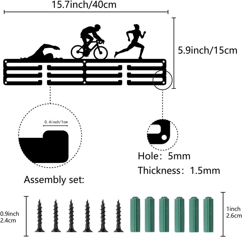 CREATCABIN Triathlon Medal Hanger Display Sports Medal Holder Iron Swim Bike Run Competition Wall Hanging Rack Frame Hook Display for Runner Swimmer Athlete Gift Over 60+ Medals 15.7 x 5.9 Inch - Image 2